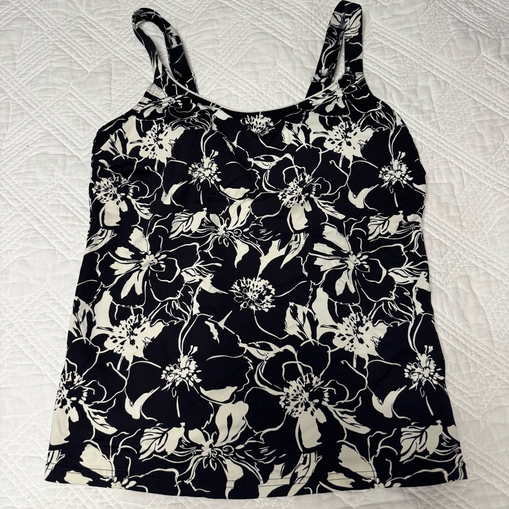 Lands’ End Black and White Floral Tankini Swimwear Top Size 4